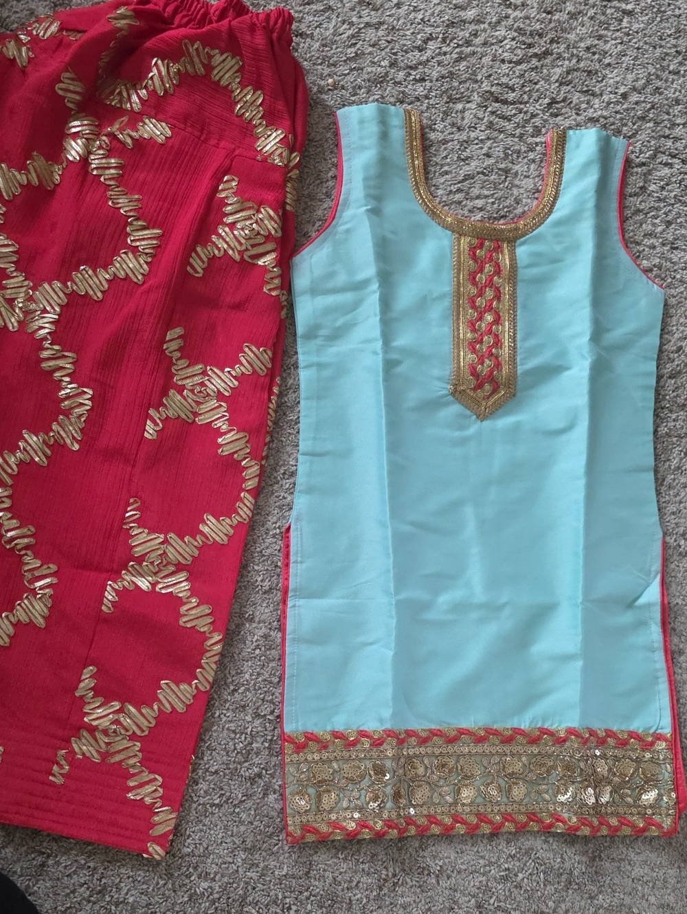 Girls' Light Blue and Red Embroidered Ethnic Salwar Suit